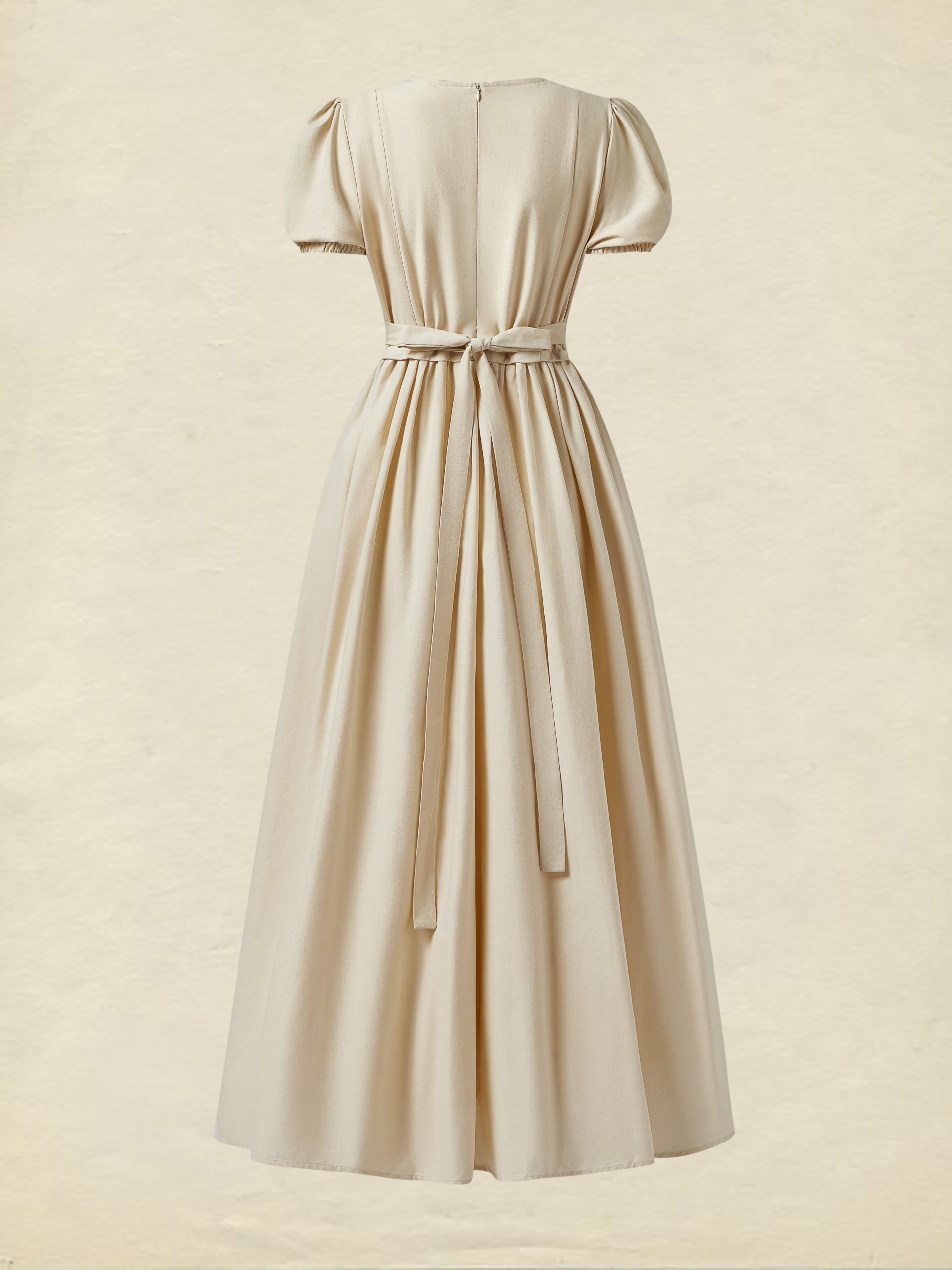 Linen Maxi Dress, Short Sleeve, Princess-cut Waist,  Crew Neck, Tea Party, Linen Blend, Plain - Image 3