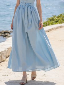 Maxi Linen Dress , Cap Sleeves, Shawl Collar, Plain, Lace, Vintage, Blue - Image 3