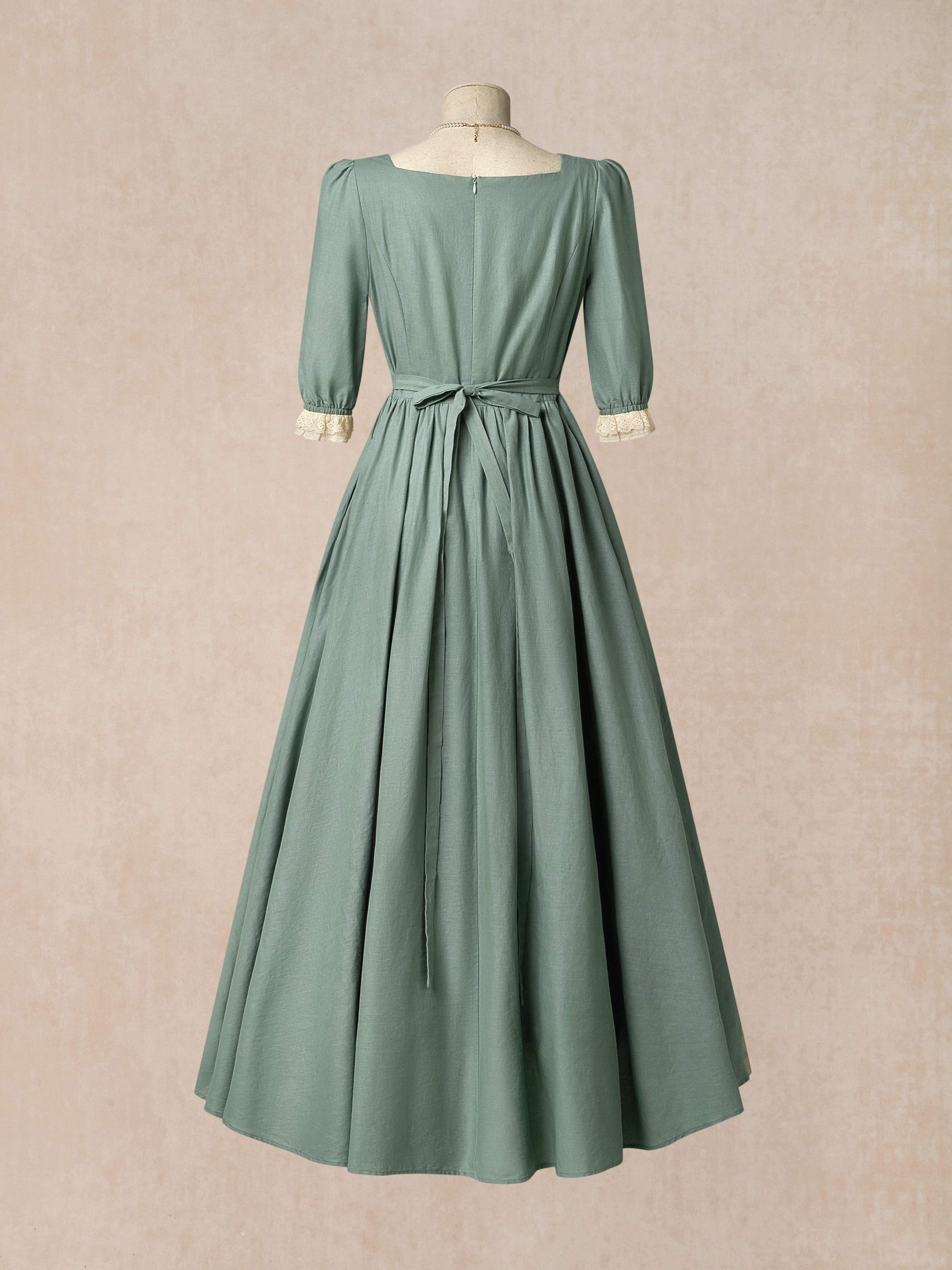 Maxi Linen Dress, 3/4 Sleeves, Square Neck, Lace Up, Linen Blend, Green - Image 4