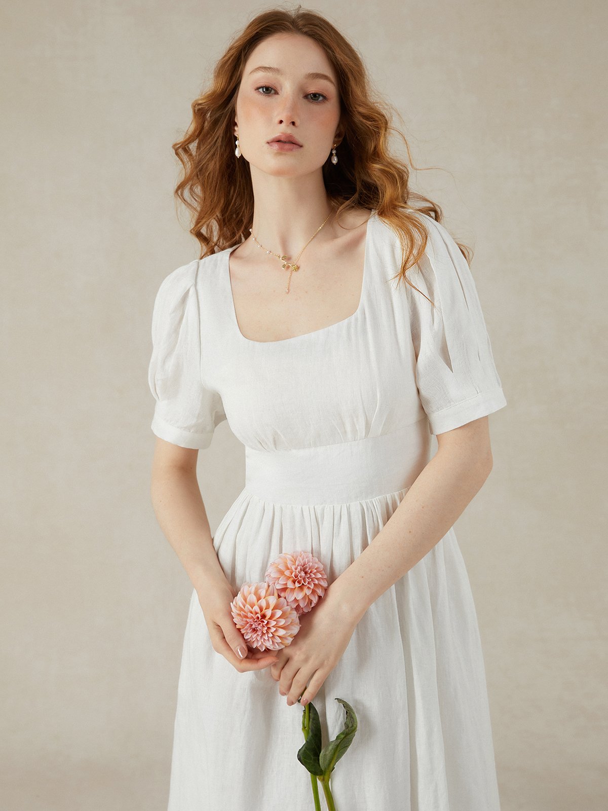 Linen Maxi Dress, Puff Sleeve, Short Sleeve, Square Neck, Vintage Dress, Linen, White - Image 2
