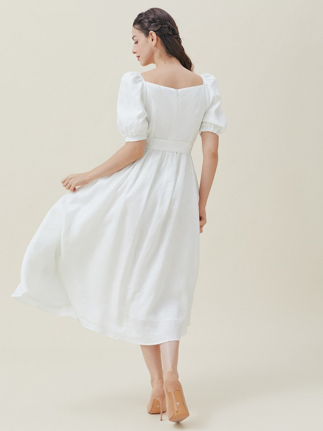 Plain Wedding Square Neck Regular Fit Short Sleeves Dress, White - Image 4
