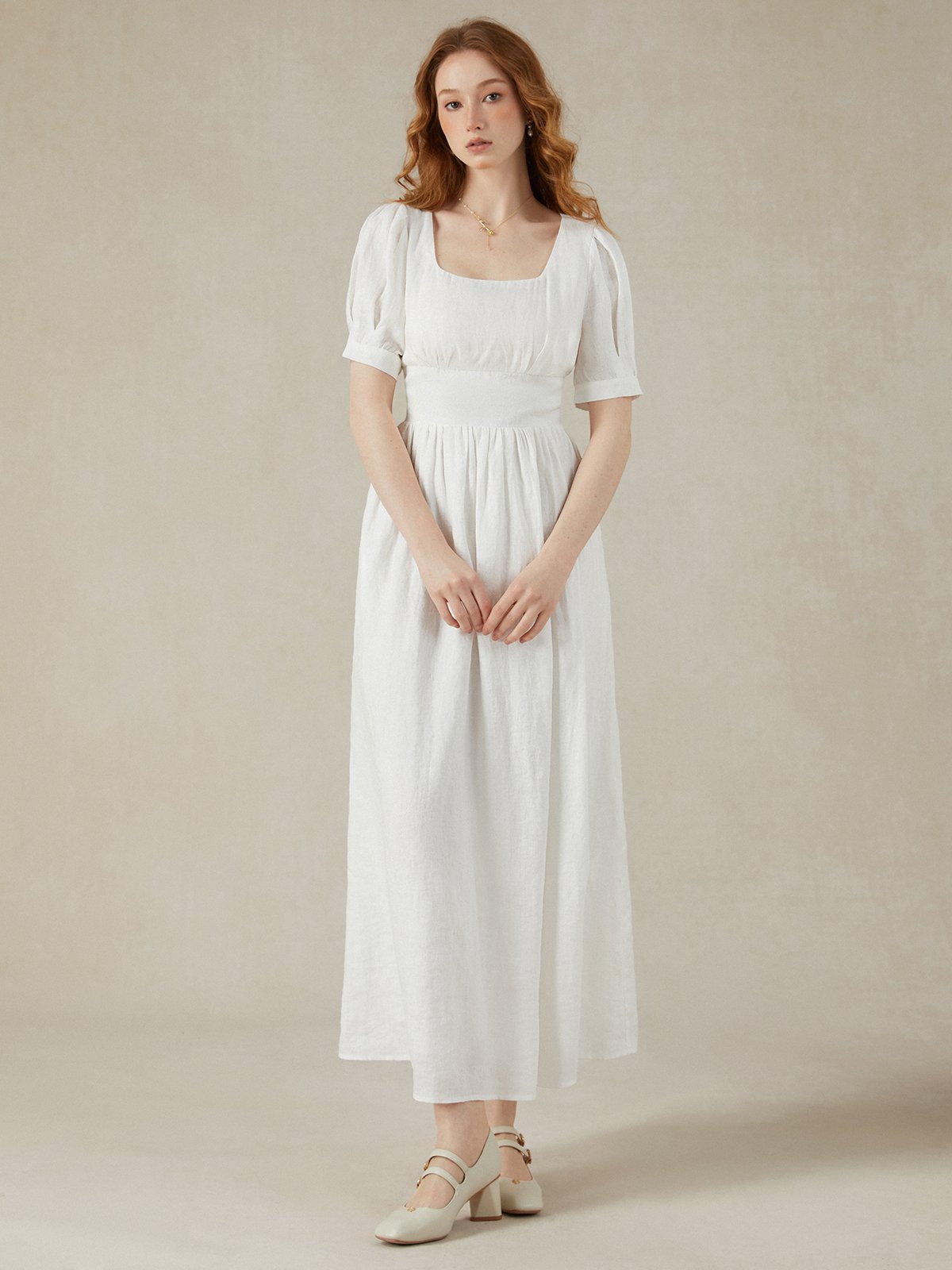 Linen Maxi Dress, Puff Sleeve, Short Sleeve, Square Neck, Vintage Dress, Linen, White - Image 8