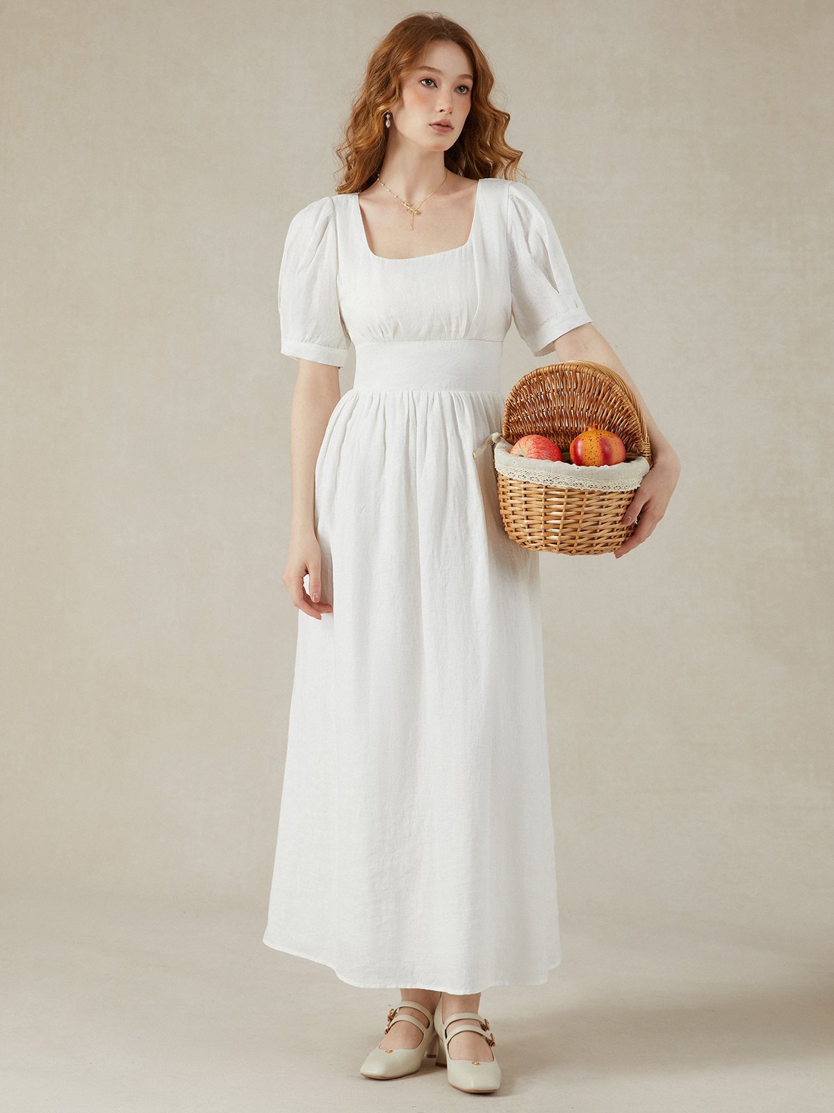 Linen Maxi Dress, Puff Sleeve, Short Sleeve, Square Neck, Vintage Dress, Linen, White - Image 3