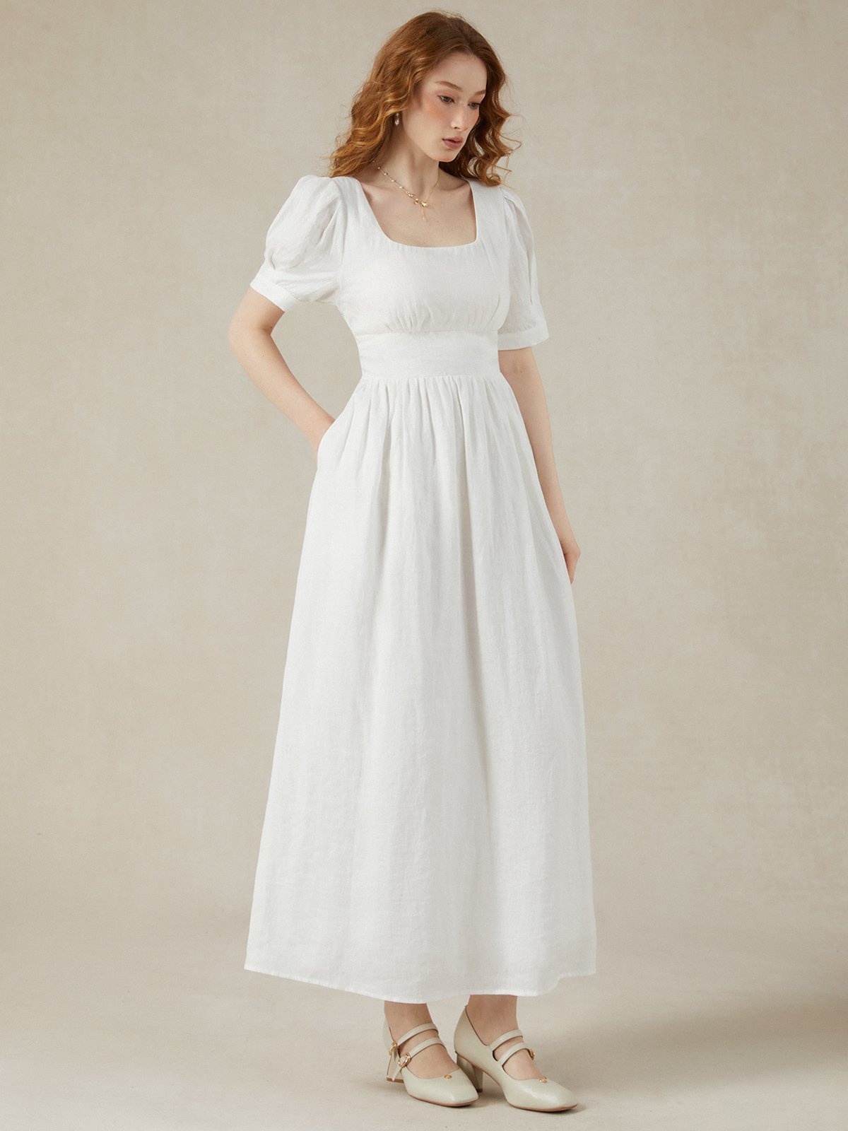 Linen Maxi Dress, Puff Sleeve, Short Sleeve, Square Neck, Vintage Dress, Linen, White - Image 7