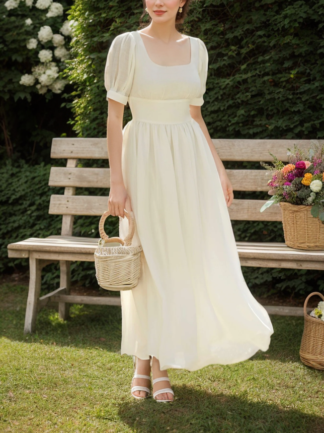 Linen Maxi Dress, Puff Sleeve, Short Sleeve, Square Neck, Vintage Dress, Linen, White