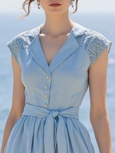 Maxi Linen Dress , Cap Sleeves, Shawl Collar, Plain, Lace, Vintage, Blue - Image 2