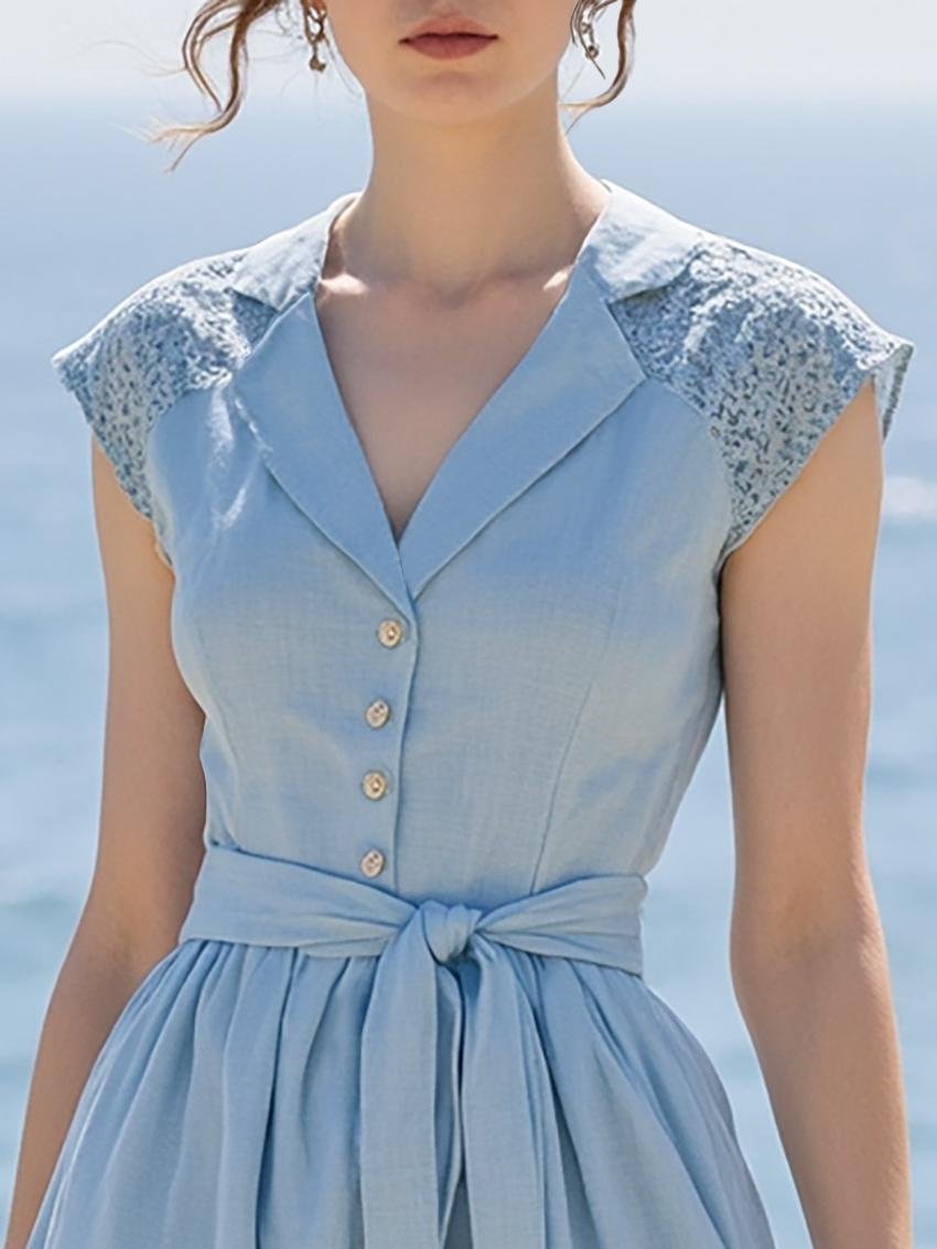 Maxi Linen Dress , Cap Sleeves, Shawl Collar, Plain, Lace, Vintage, Blue - Image 2