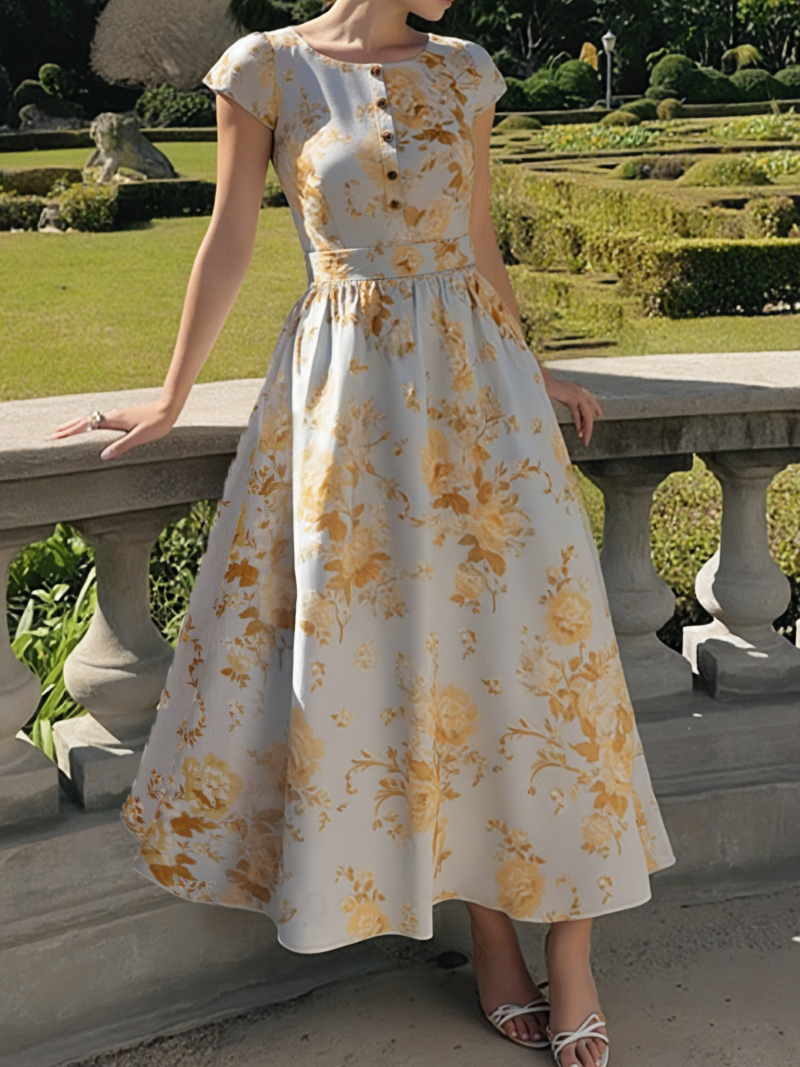 Maxi Linen Dress , Short Sleeves, Round Neck, Floral, Button Design, Vintage, Yellow