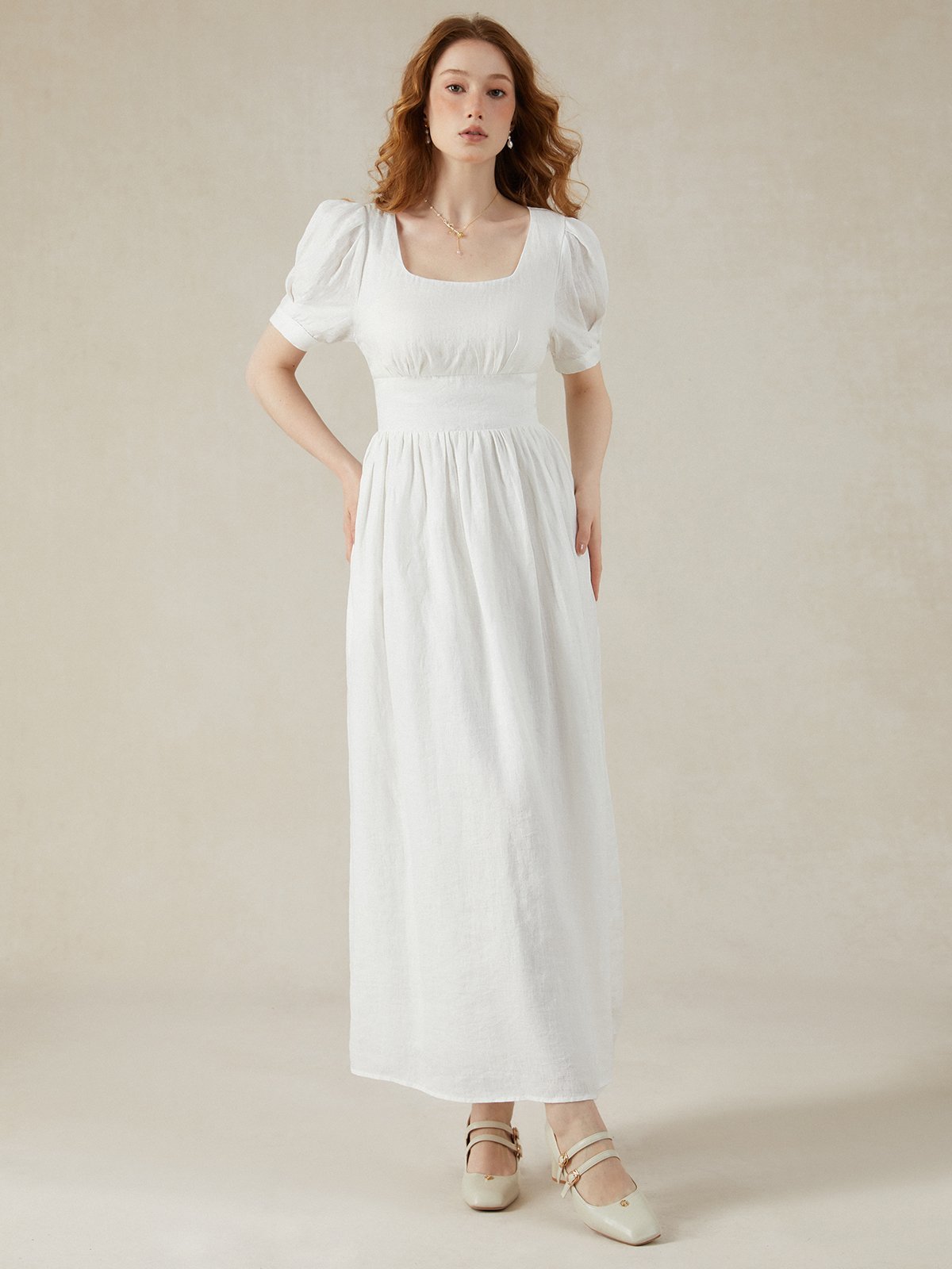 Linen Maxi Dress, Puff Sleeve, Short Sleeve, Square Neck, Vintage Dress, Linen, White - Image 5