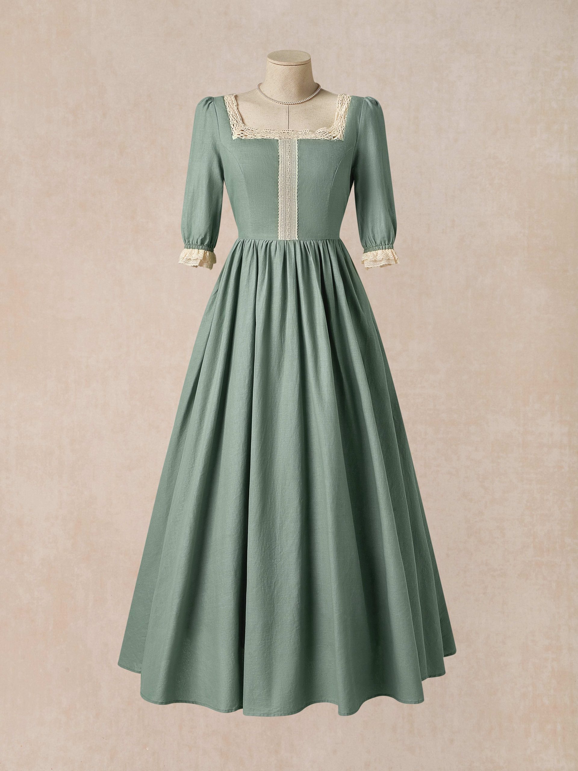 Maxi Linen Dress, 3/4 Sleeves, Square Neck, Lace Up, Linen Blend, Green - Image 3