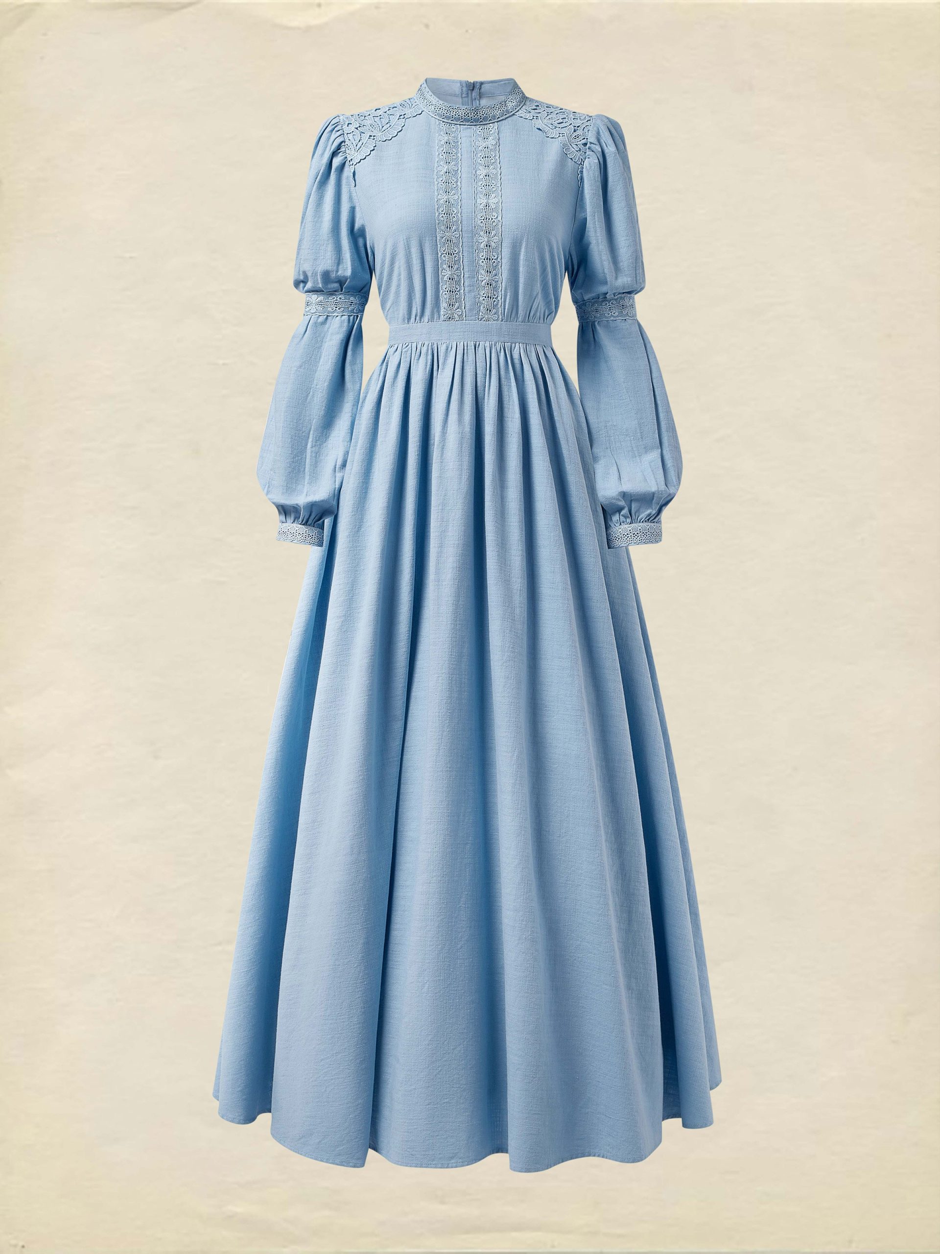 Maxi Linen Dress, Long Sleeves, Stand Collar, Lace Design, Linen Blend, Blue - Image 2
