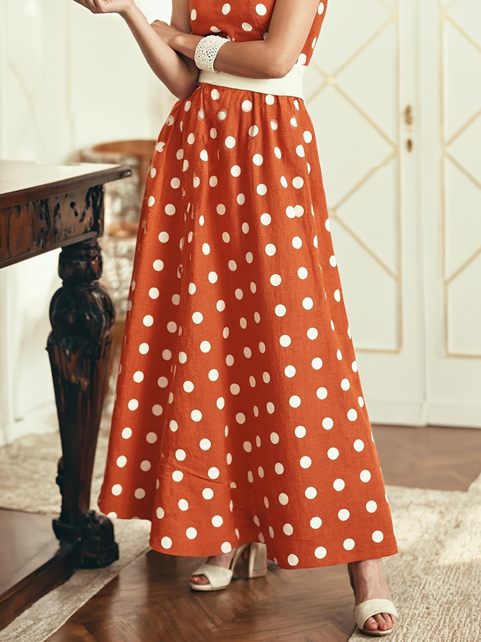 Maxi Cotton Dress , Sleeveless, Round Neck, Polka Dots, Belt Design, Vintage, Orange Red - Image 3