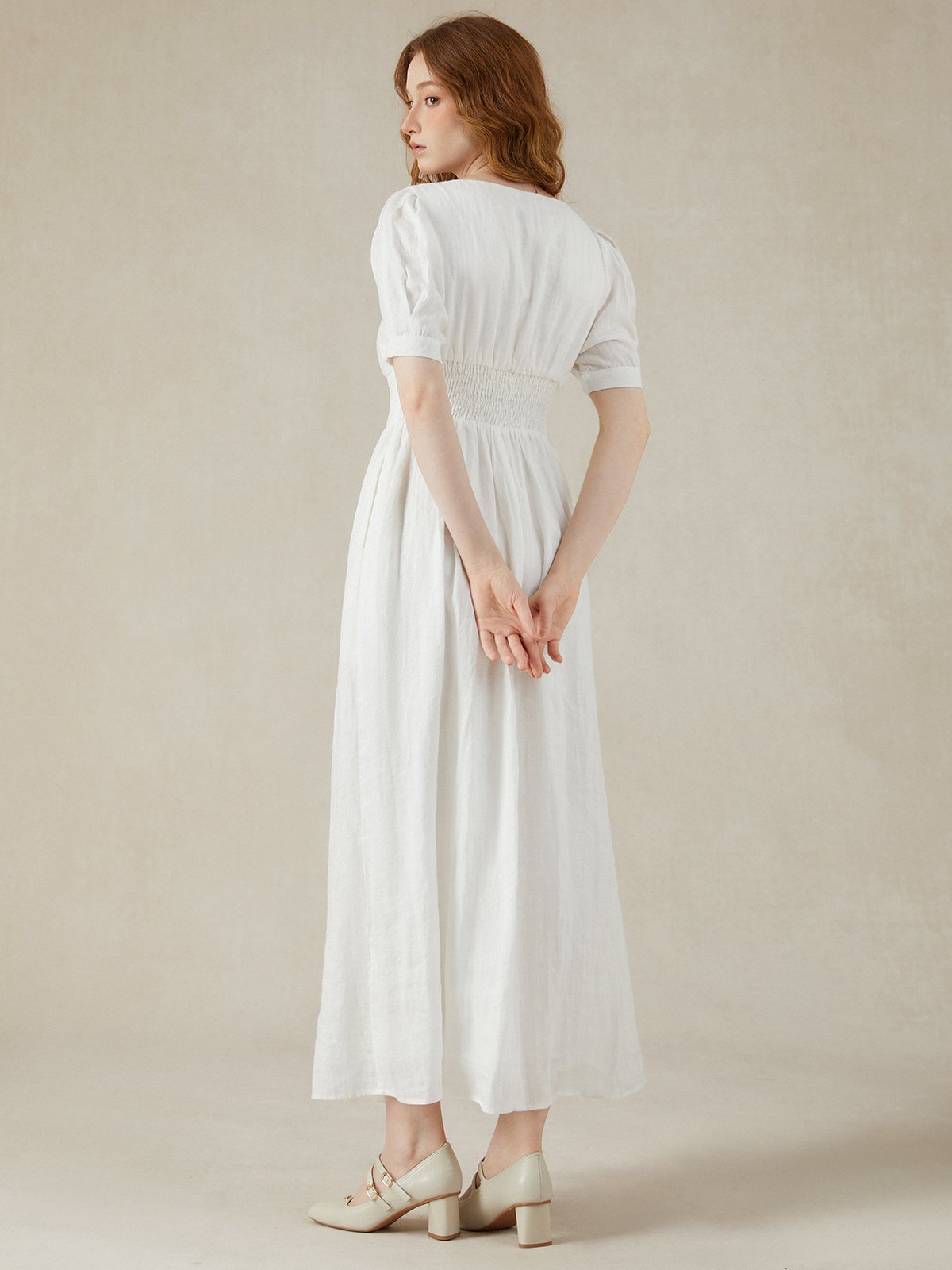 Linen Maxi Dress, Puff Sleeve, Short Sleeve, Square Neck, Vintage Dress, Linen, White - Image 6