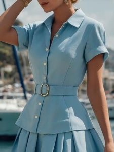 Linen Set , Short Sleeves, Shawl Collar, Plain, Button Design, Vintage, Blue - Image 2