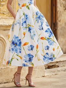 Midi Linen Dress , Sleeveless, V Neck, Floral, Pocket Design, Vacation, Vintage, White - Image 3
