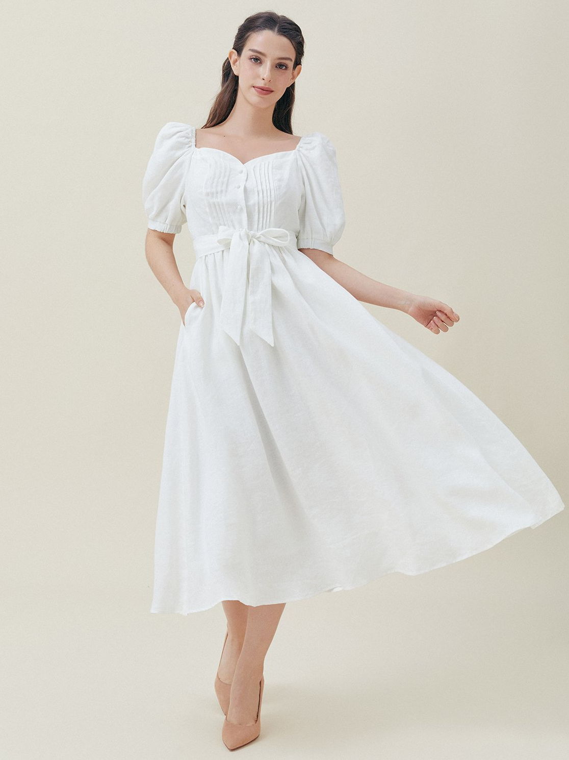 Plain Wedding Square Neck Regular Fit Short Sleeves Dress, White - Image 2