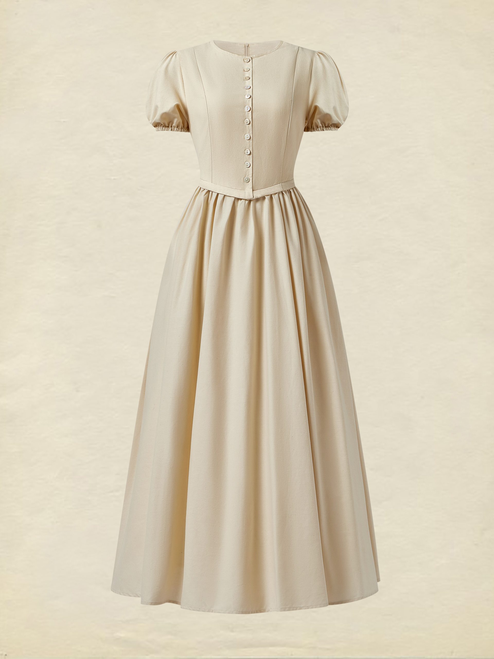 Linen Maxi Dress, Short Sleeve, Princess-cut Waist,  Crew Neck, Tea Party, Linen Blend, Plain - Image 2
