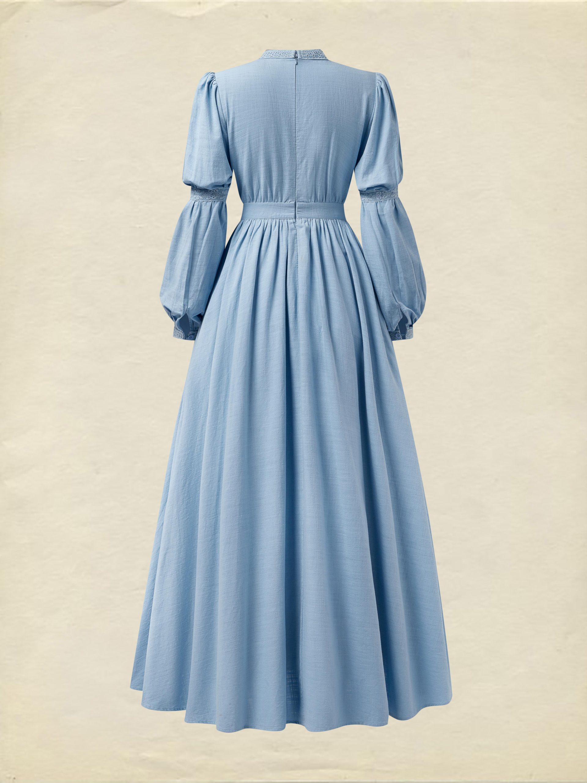 Maxi Linen Dress, Long Sleeves, Stand Collar, Lace Design, Linen Blend, Blue - Image 3