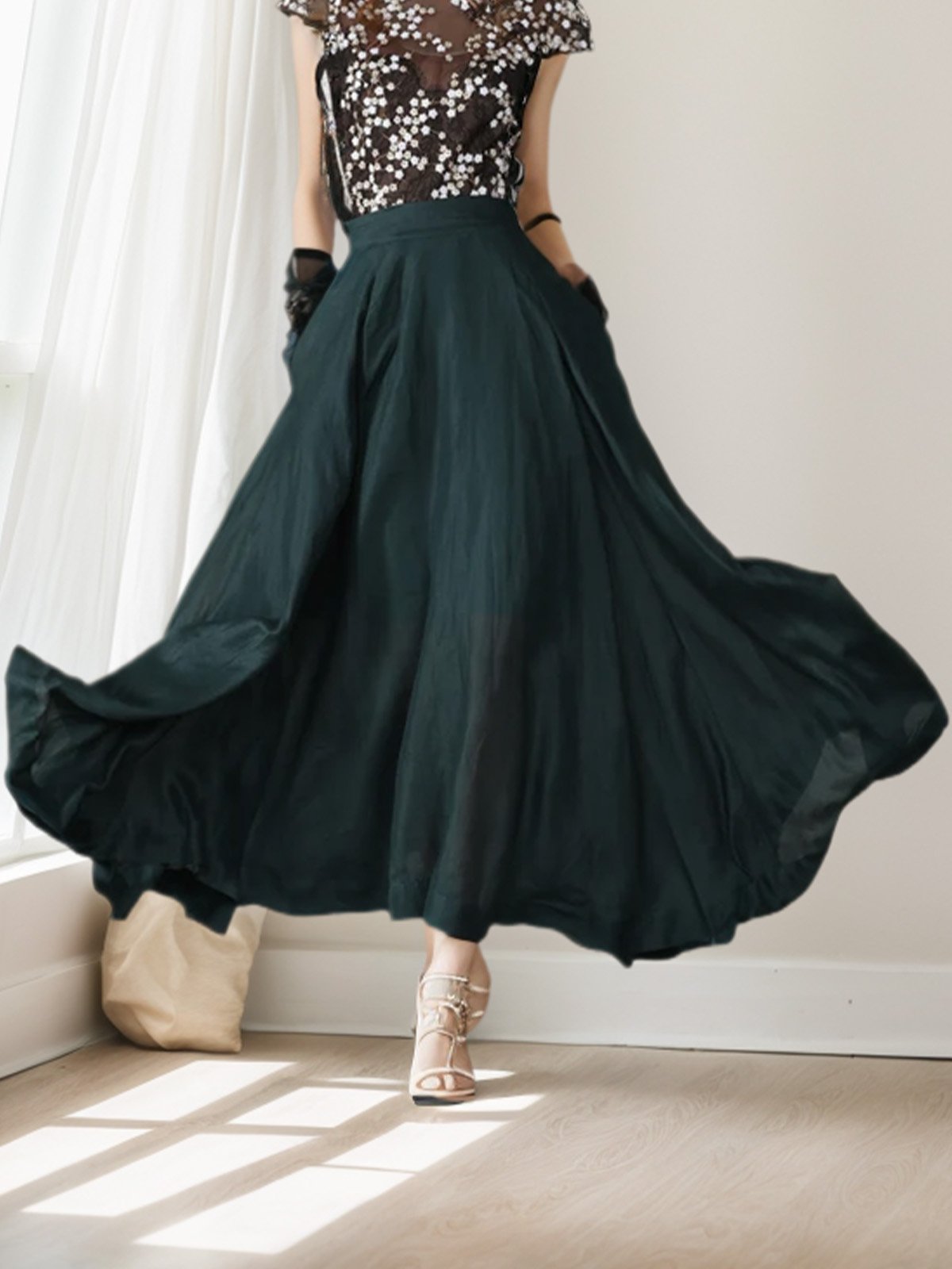 Maxi Linen Skirt, Linen, Green - Image 4