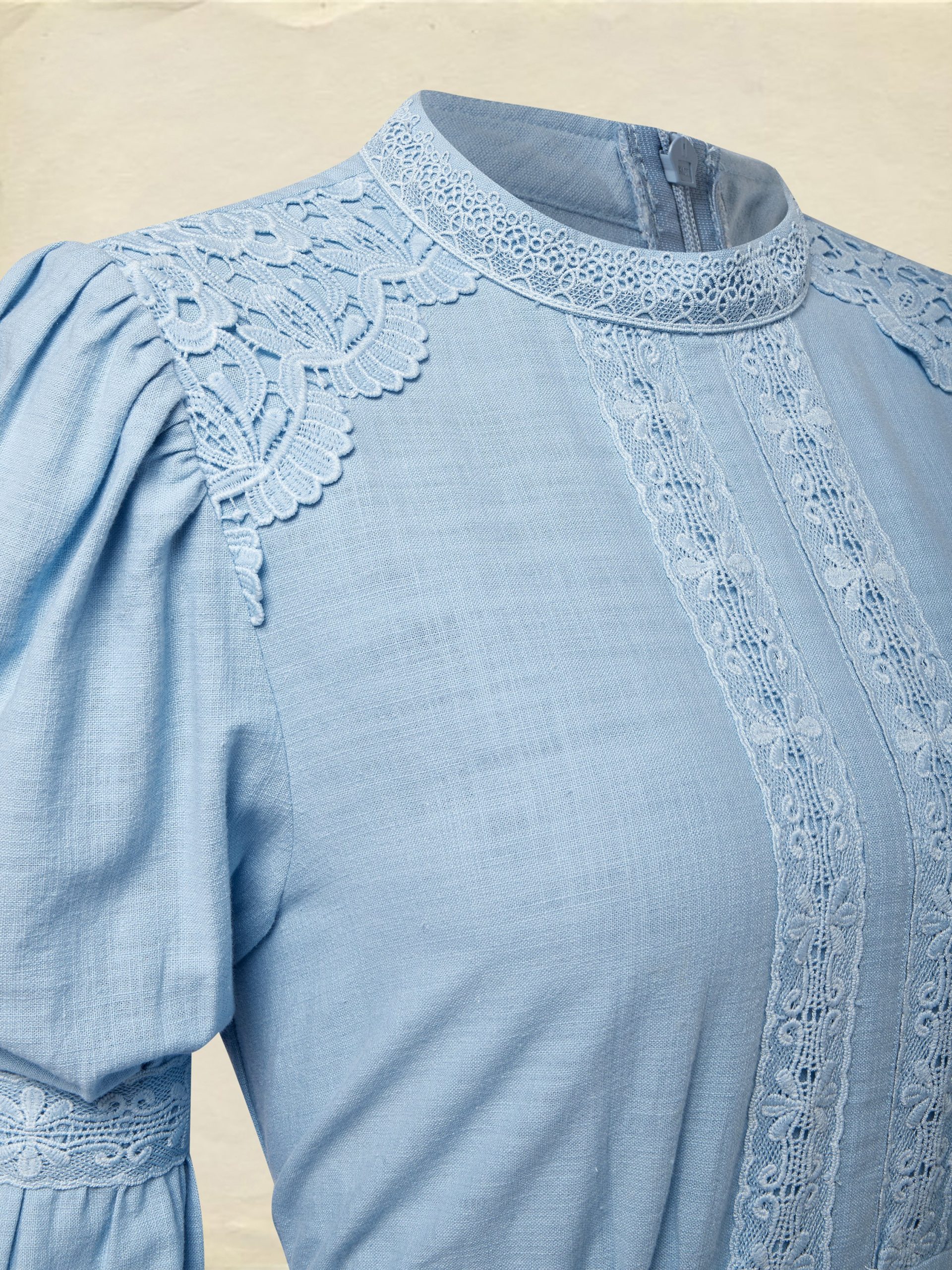 Maxi Linen Dress, Long Sleeves, Stand Collar, Lace Design, Linen Blend, Blue - Image 4