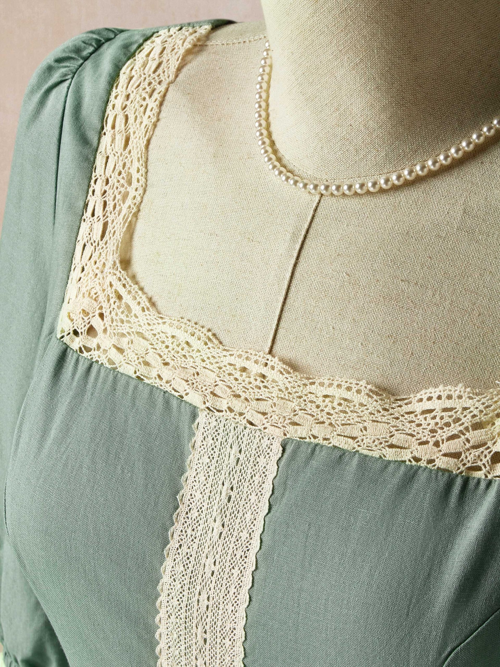 Maxi Linen Dress, 3/4 Sleeves, Square Neck, Lace Up, Linen Blend, Green - Image 2