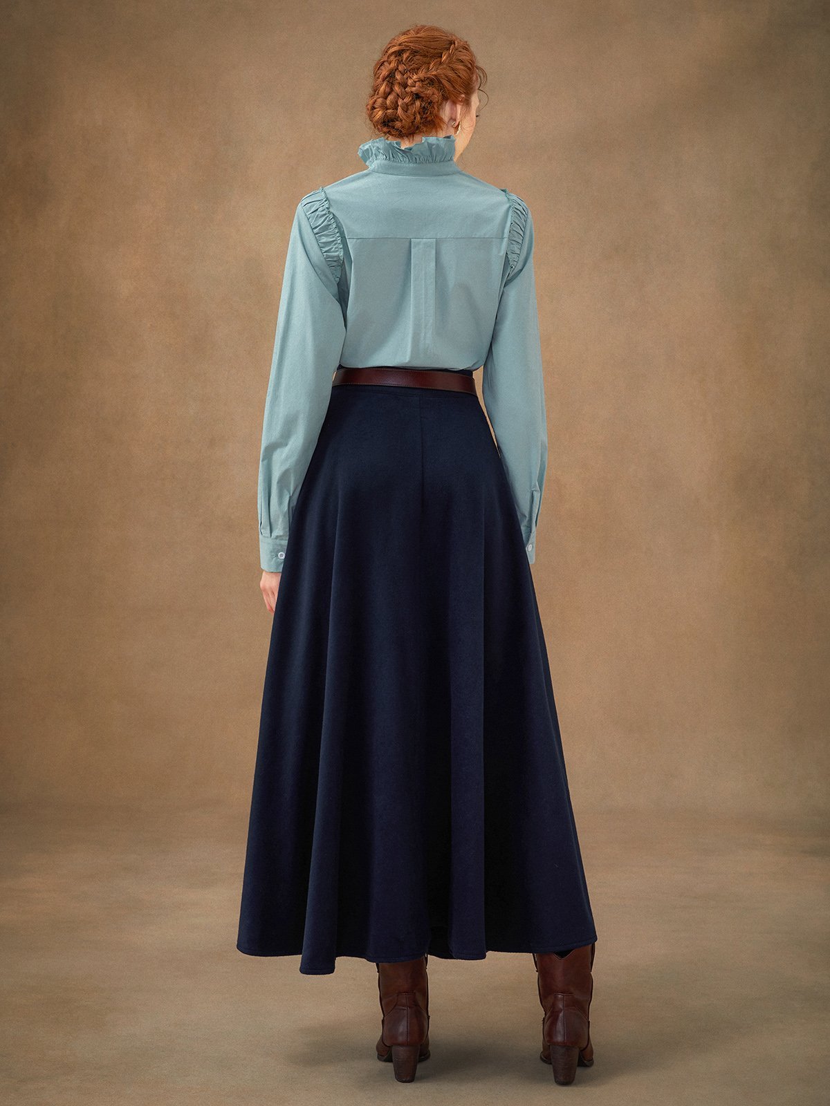 Jane Collection - Mineral Blue Wool-Blend Midi Skirt with Pockets - Image 4