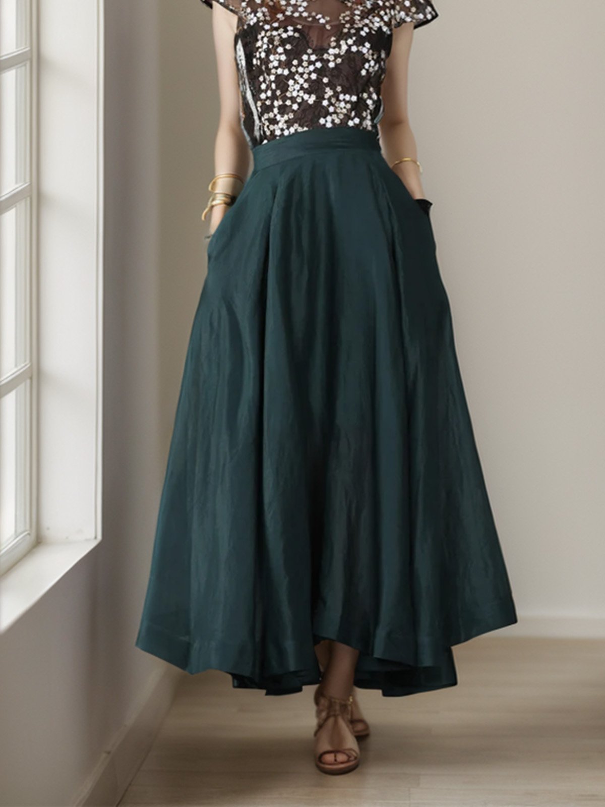 Maxi Linen Skirt, Linen, Green - Image 3
